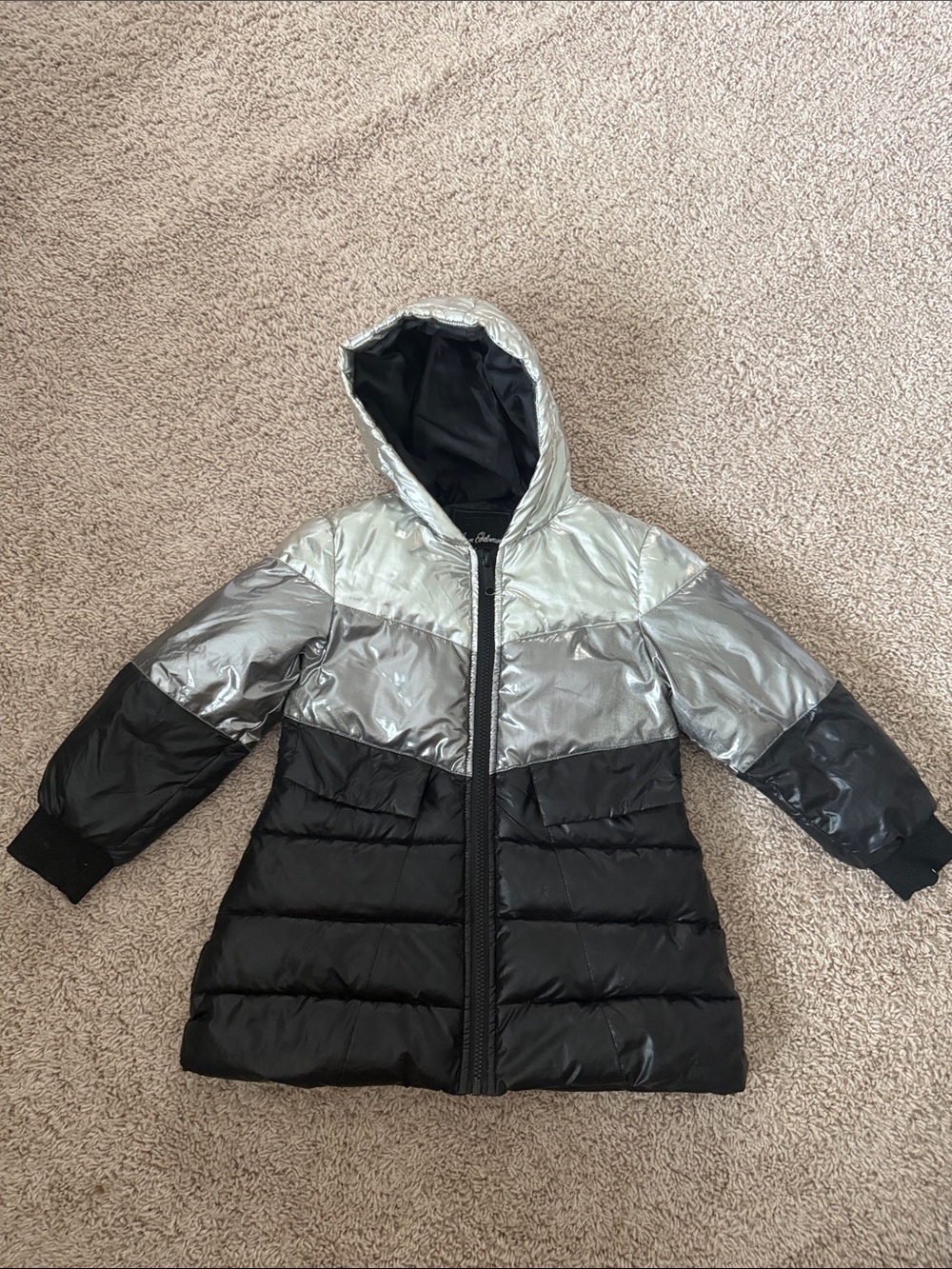 Sam Edelman Girls' Colorblock Hooded Puffer in Silver and Black